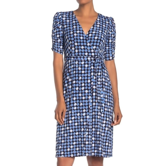 Eliza J Dresses & Skirts - Eliza J Blue Polka Dot Faux Wrap Dress 0 like new
